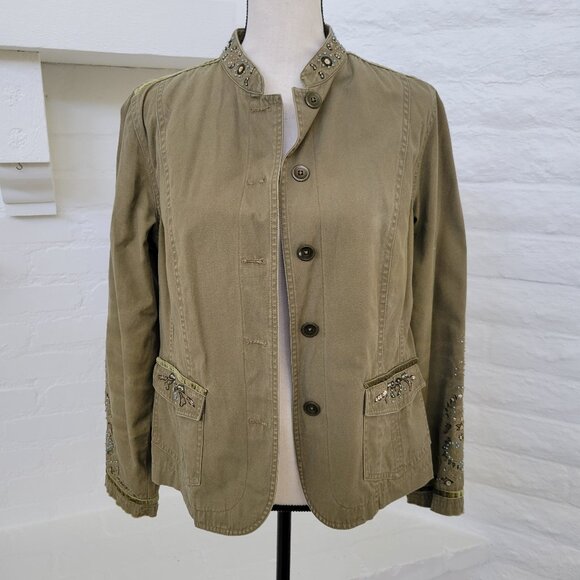 Womens Jacket Blazer Coat Small Army Green Boho Beaded Button Cotton Utility - Picture 2 of 9